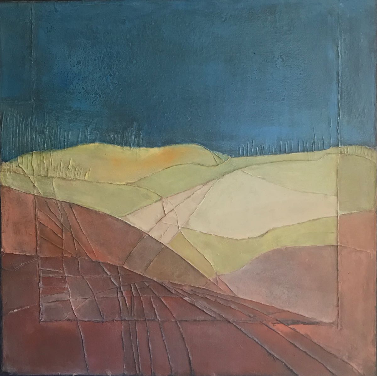 Christiana Sieben: Fränkisches Hügelland (100 x 100 cm, Acryl on wooden panel) 